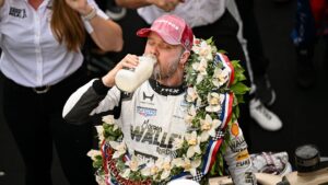 Felix Rosenqvist celebrates his Indy 500 victory at Indianapolis Motor Speedway in 2026