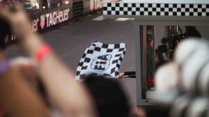 An official waves the checkered flag during a Formula 1 race