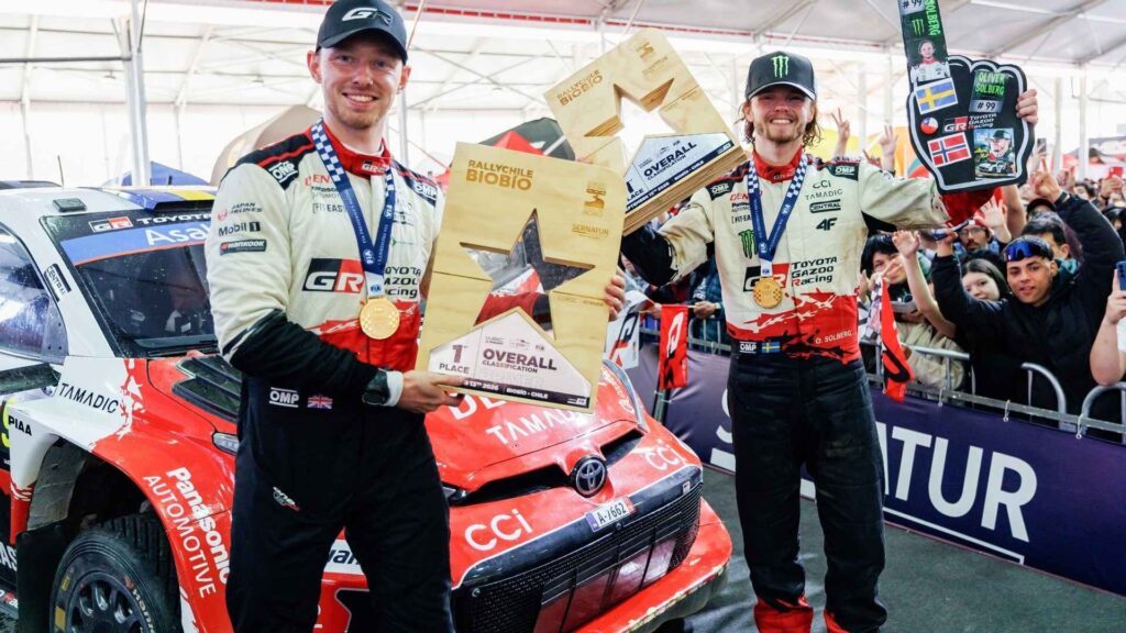 Oliver Solberg and co-driver Elliott Edmondson celebrate victory in Rally Chile 2026